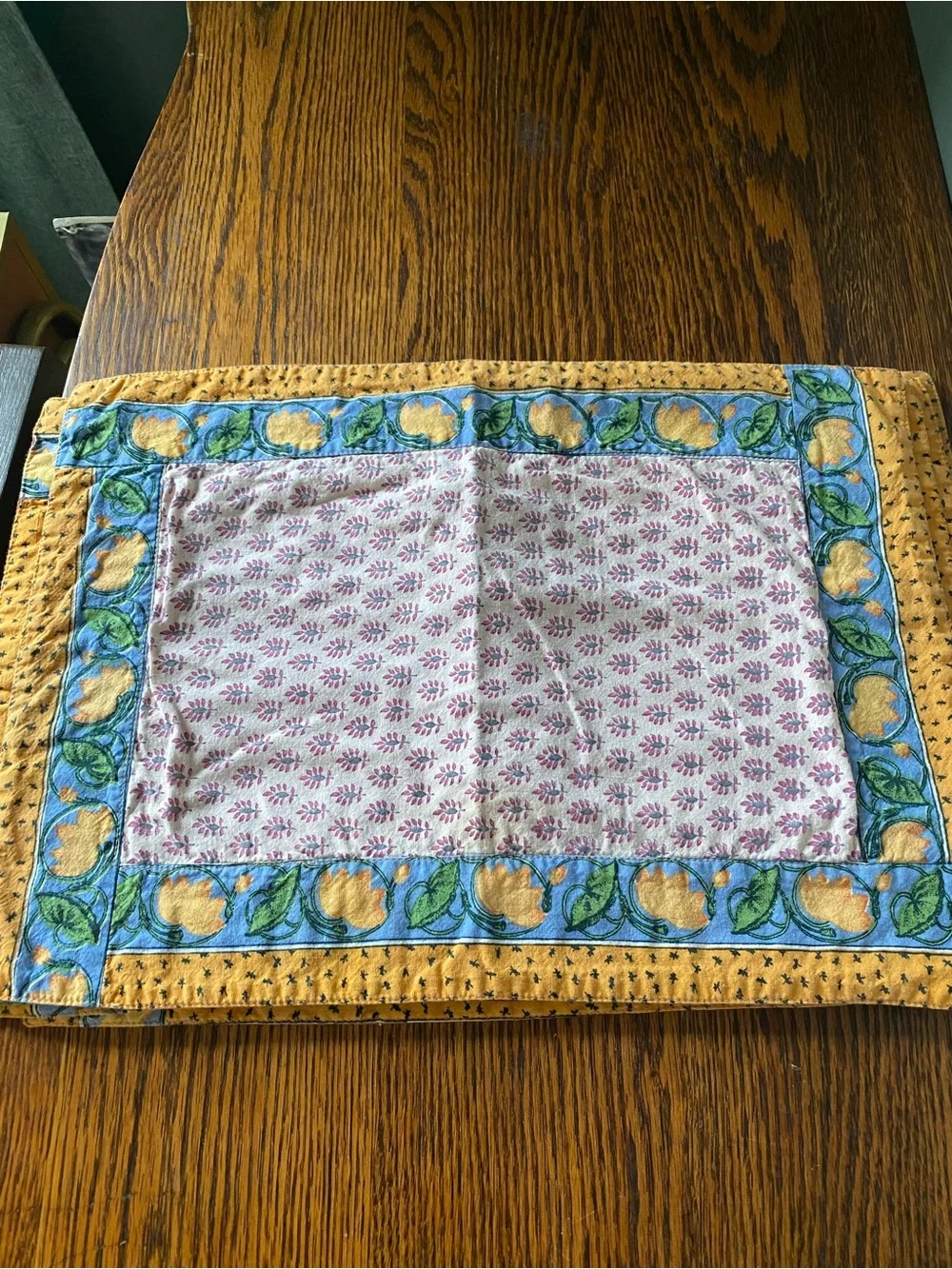 Vintage Set of 4 Cotton Placemats - Yellow Green Blue Pink Floral -Boho Folk Art